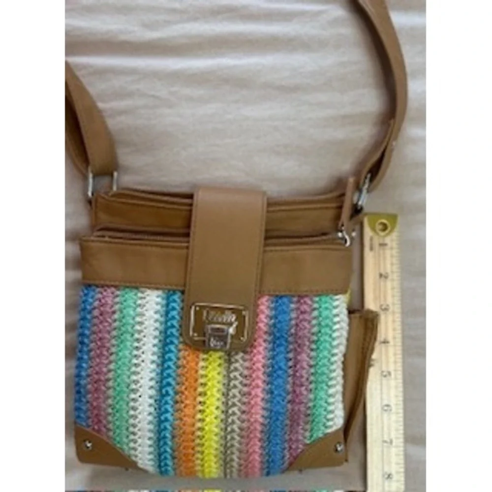 Rosetti Multi Color Striped Woven Crossbody Bag Tan Organizer Purse